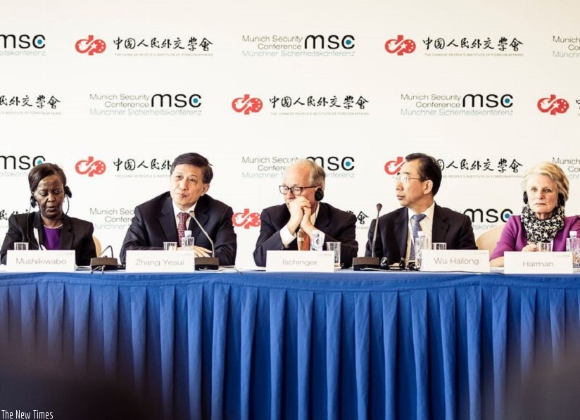 From left to right: Minister Mushikiwabo, Exec. Vice Minister of Foreign Affairs, China, Zhang Yesui; Chairman MSC Wolfgang Ischinger; President, and CPIFA ,Wu Hailong during the Munich Security Conference in Beijing, yesterday. (Net photo)