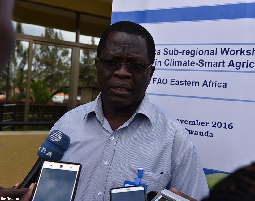 Okoba speaks to journalists on the sidelines of the Climate-Smart Agriculture workshop, on Wednesday, in Kigali. (Courtesy.)