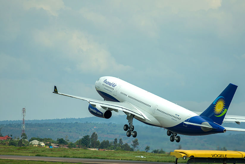 The recently acquired RwandAir A330-200 Airbus plane takes off at the Kigali International Airport. The national flag carrier is eyeing the US market as part of its expansion drive. / Timothy Kisambira