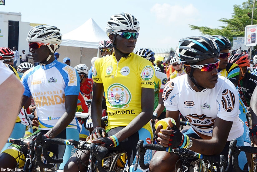 Tour du Rwanda defending champion Jean Bosco Nsengimana (in yellow jersey) will race for his Germany-based team Bike Aid. (S. Ngendahimana.)