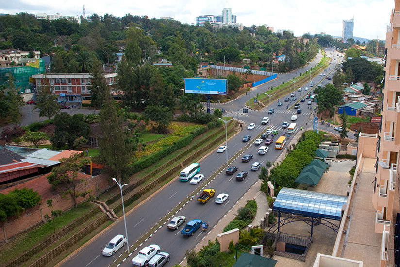 An aerial view of traffic along KN 3 Road towards downtown Kigali, arguably  the cleanest city in Africa. (File photo)