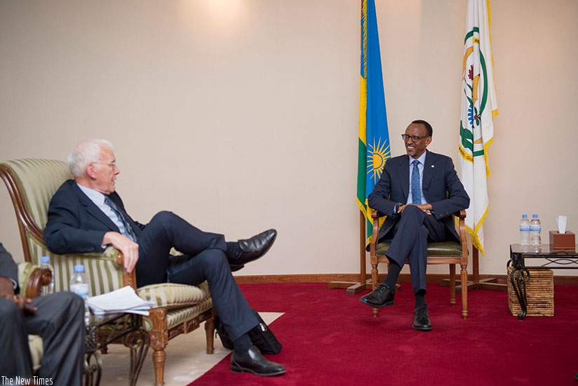 President Kagame meets with Sir Ian Wood, chairperson of the Wood Foundation, at Village Urugwiro in Kigali yesterday. The Scottish businessman's Foundation has played a significant role in creating economic activities to empower rural communities through business development, capacity building and financing. (Village Urugwiro)