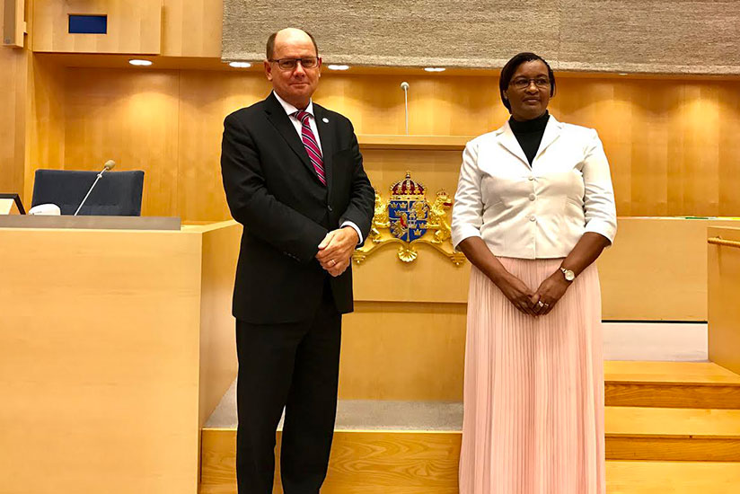 The Speaker of the Parliament of Sweden, Mr. Urban Ahlin with Speaker Mukabalisa at the Swedish Parliament. / Courtesy