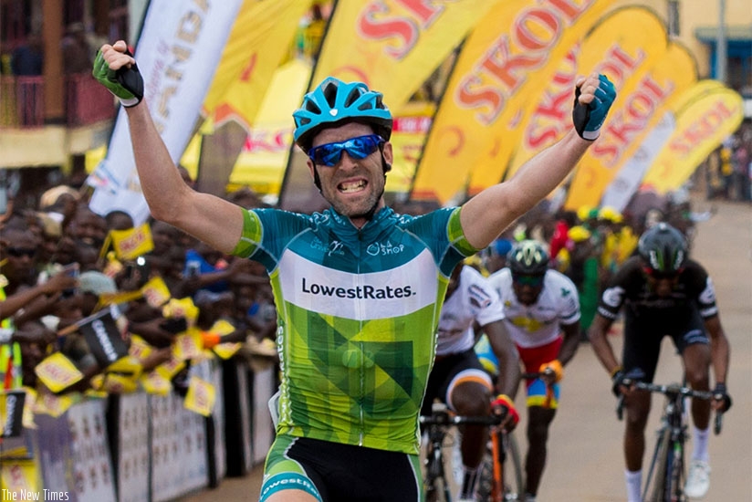 Rugg celebrates his victory after finishing first in stage 3 (Karongi - Rusizi) . The American, riding for Team LowestRates also won the prologue stage on Sunday. (All photos by Faustin Niyigena)