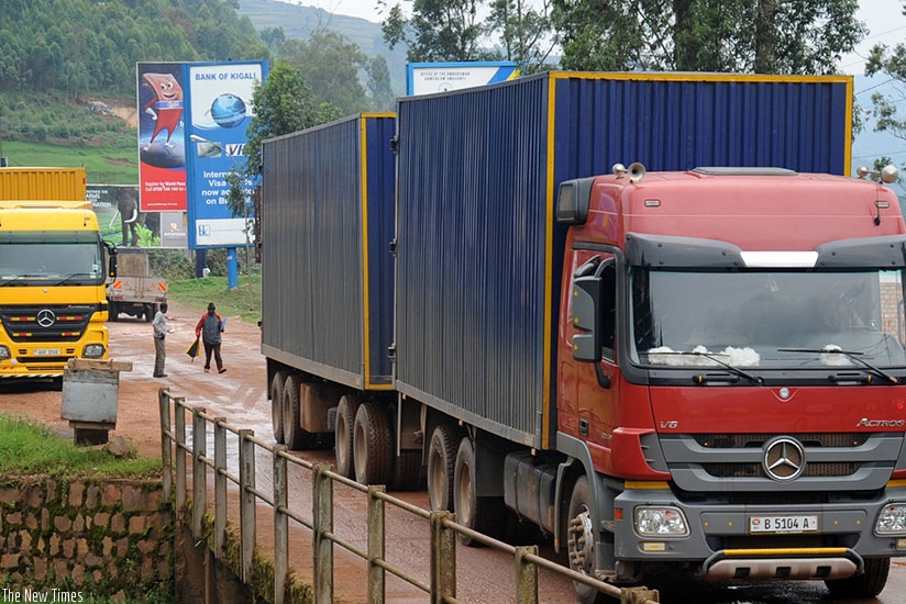 Cargo trucks crossing into Rwanda at the Gatuna border post. Some of the money will finance programmes that will improve cross-border risk management, as well as harmonisation of EAC standards and policies.  (File.)