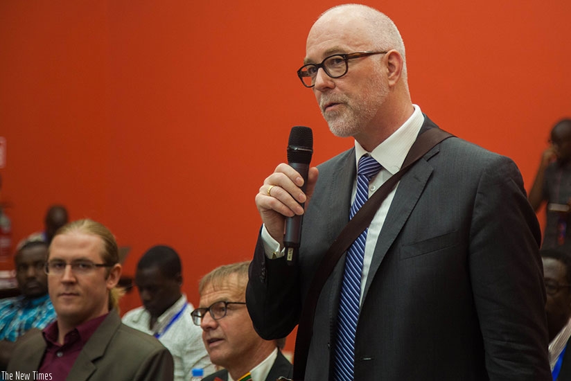 A participant makes a submission during the Regional Centre for Mapping of Resources for Development meeting in Kigali yesterday. (Nadege Imbabazi.)
