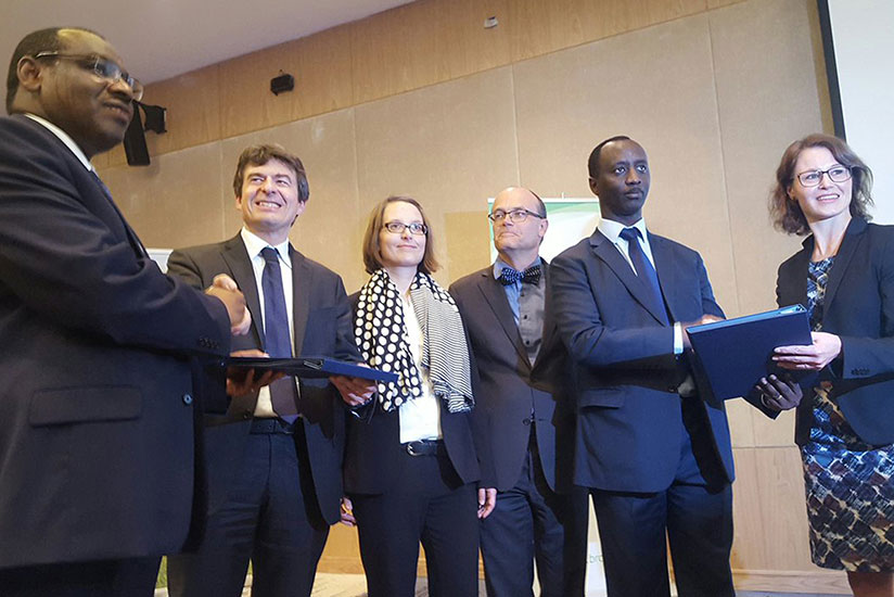 L-R: Gatete, Dr Klaus Muller, the KfW director for East Africa, the DRC and African Union, Stephanie Megies, head of delegation at Germany's Ministry of Economic Development and Co-operation, Stefan Sckell, head of co-operation, German Embassy, Kanyankole, and Sandra Rohleder, the KfW Rwanda manager at the launch of the export facility on Monday. / Courtesy