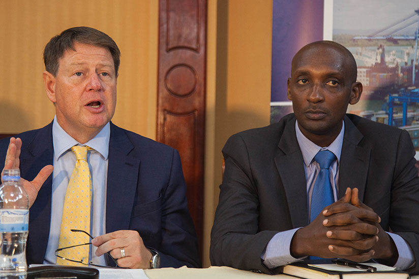 Frank Matsaert, the TradeMark East Africa chief executive, speaks during a news conference as RRA commissioner-general Richard Tusabe, looks on, on Monday, in Kigali. / Nadege Imbabazi