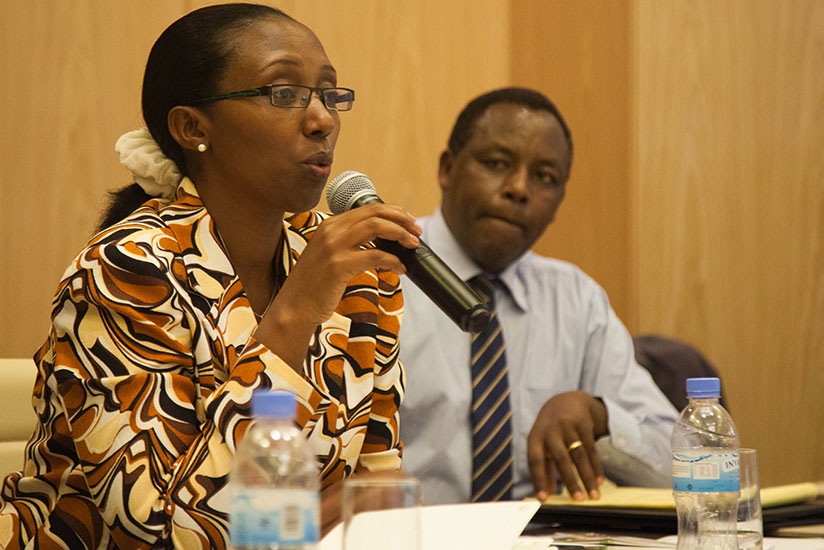 Eng. Coletha Ruhamya, director-general of Rwanda Environment Management Authority, speaks during the meeting between government stakeholders and the Rwanda Institute of Architects as Innocent Kabenga, country director of Global Green Growth Institute, looks on in Kigali yesterday. (Photos by Nadege Imbabazi)