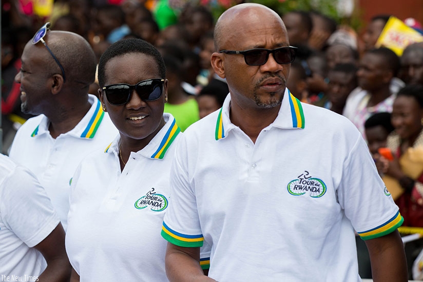 FERWACY boss Bayingana (R) and Sports and Culture Minister Julienne Uwacu closely followed Tour du Rwanda at every stage crowds gathered along the roads to cheer and support cyclists throughout the race. / Faustin Niyigena