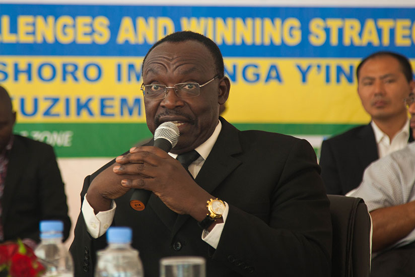The Minister for Trade, Industry and East African Community Affairs, Francois Kanimba, speaks during the celebration of Africa Industrialisation Day in Kigali yesterday. / Nadege Imbabazi.