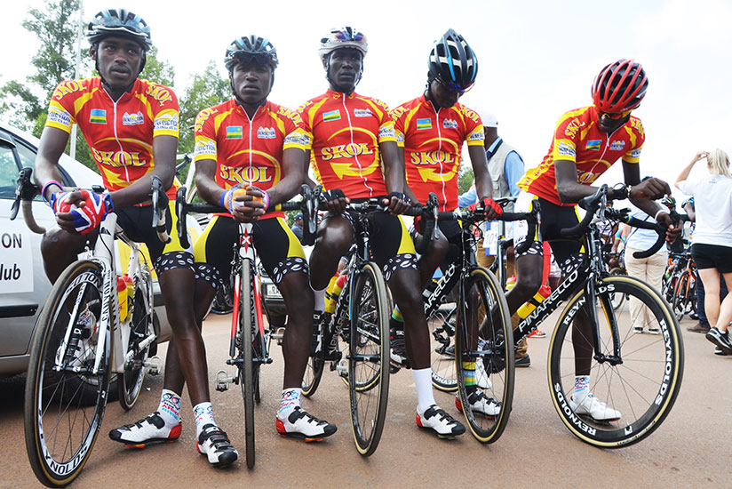 The Club Benediction riders pose for a group photo during the 2016 Tour du Rwanda. Far right is Mugisha who won the best climbers' award 2016. / Sam Ngendahimana