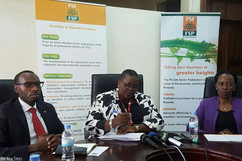 L-R: Mungwarareba, Murebwayire and Kayitesi at the news conference yesterday. (Triphomus Muyagu)