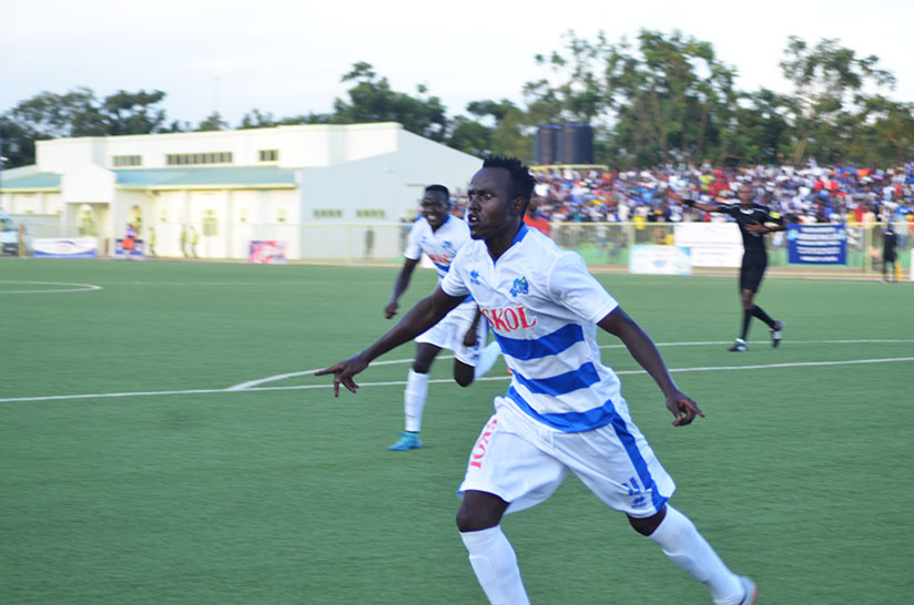 Olivier Seff Niyonzima celebrates after scoring for Rayon Sports against Bugesera FC in the 1-0 win last weekend. / Sam Ngendahimana