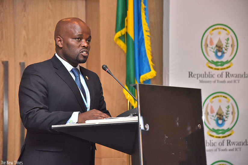 The Minister for Youth and ICT, Jean Philbert Nsengimana, addresses participants during the opening of the Regional Development Forum in Kigali yesterday. (Photos by Julius Bizimungu)