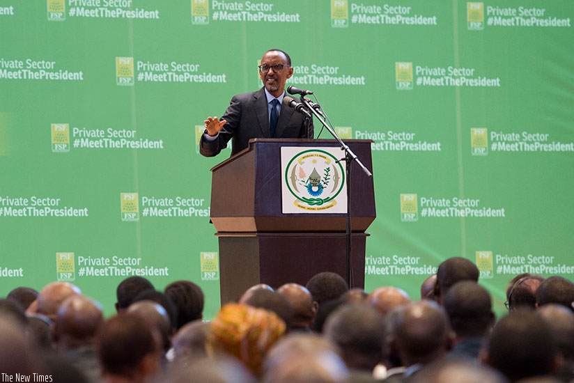 President Kagame addresses business leaders at Kigali Convention Centre last evening. (Village Urugwiro)
