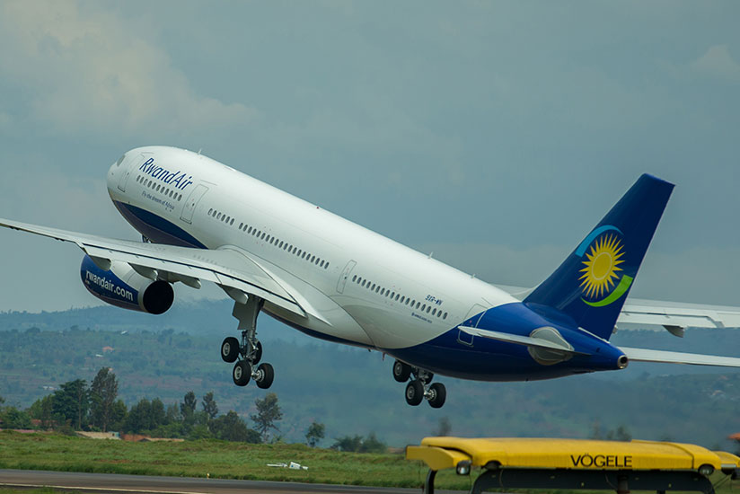 A RwandAir plane takes off at Kigali International Airport. High operational costs are weighing down Africa airlines. 