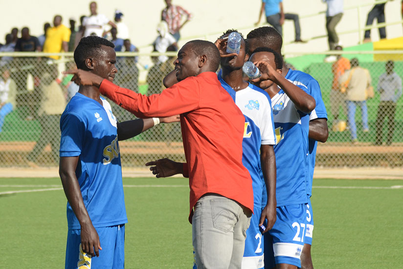 Masudi speaks to Djabel Manishimwe during a previous league match against Bugesera FC. The midfield was on target in Rayon Sports' 5-2 win over Gicumbi FC on Saturday. / Sam Ngendahimana