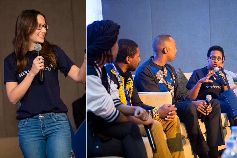 Left: De Tonnac speaks the young African entrepreneurs in Kigali. Right: An entrepreneur from Tanzania, Maryam Mgonja, stresses a point during the discussion. / Faustin Niyigena