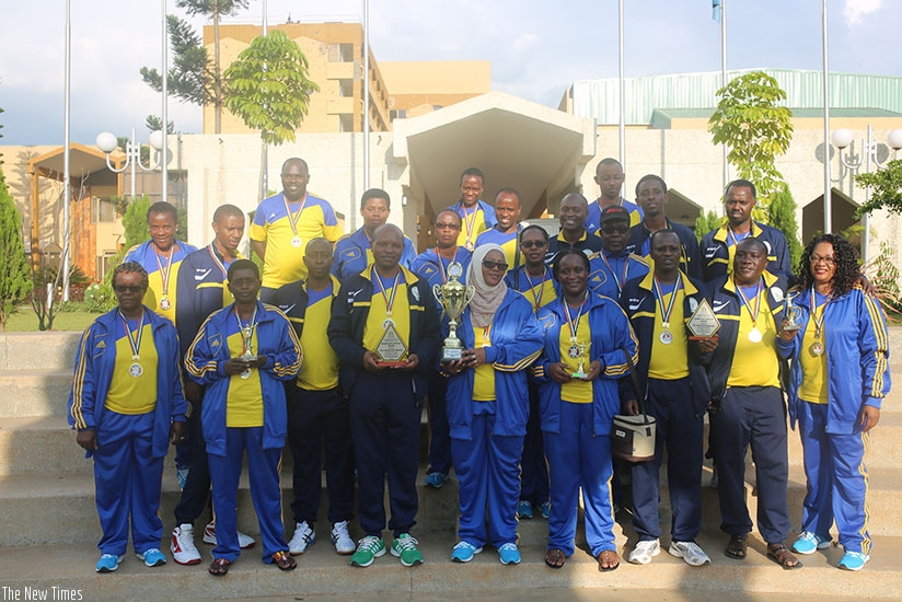 Rwandan parliamentarians pose with their trophies at the just concluded EAC Inter-Parliamentary Games in Mombasa. (Courtesy)