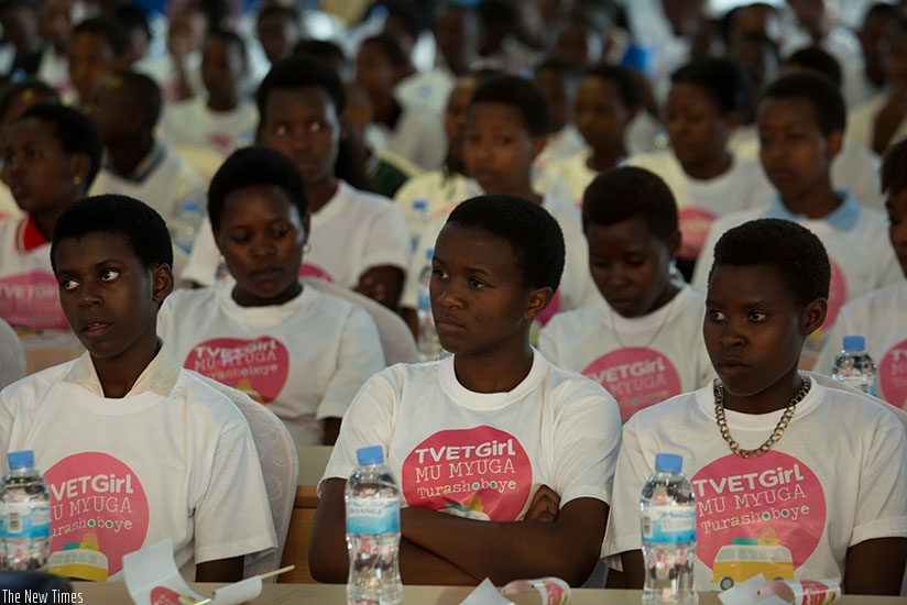 Girls  follow proceedings  during the TVET girl campaign in Kigali. (Photos by Timothy Kisambira)