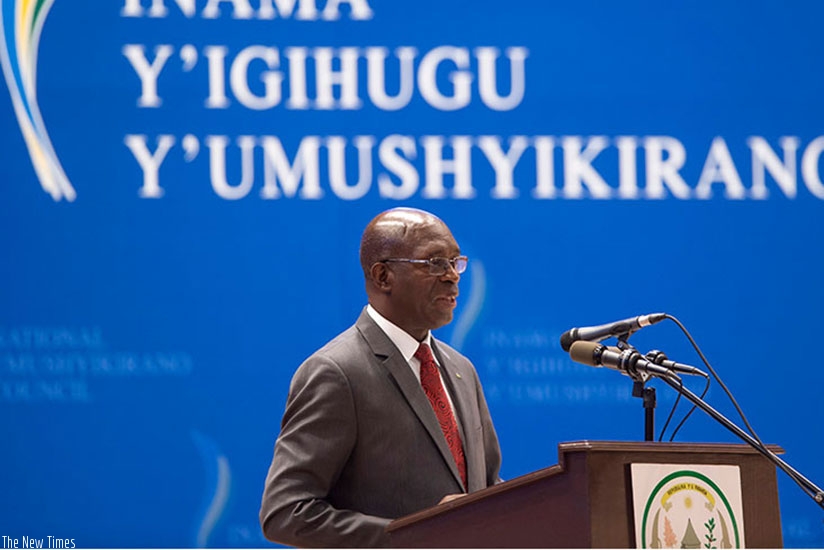 Premier Murekezi gives his address at the ongoing National Dialogue yesterday. (Courtesy)