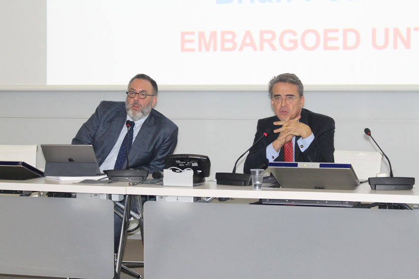 Alexandre de Juniac, the International Air Transport Association (IATA) director general and global CEO,  right  speaking during the interview with The New Times  (Peterson Tumwebaze.)