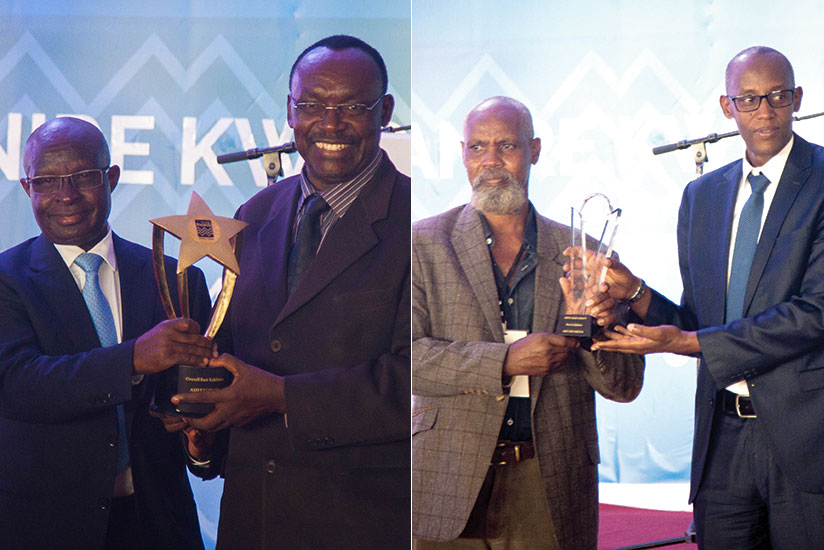 Left: Trade, Industry and EAC Affairs minister Francois Kanimba (on the right) awards Jacques Rusirare, chief executive of Ameki Colour, for best exhibitor at the second Made-in-Rwanda expo that ended yesterday. Right: Albert Munyemana, chief executive of Art Mix Media (L) receives an award from the Chief Executive of Private Sector Federation, Stephen Ruzibiza, as the best handcraft exhibitor. Kanimba said the law on public procurement will be reviewed to give locally-made products preference. / Nadege Imbabazi