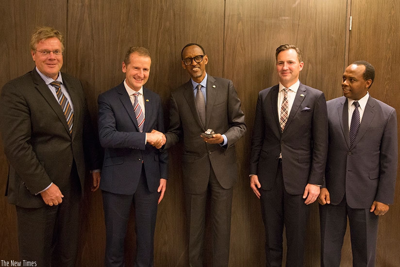 President Kagame meets with the Chairman of Volkswagen, Dr Herbert Diess (second left), Thomas Schafer, chief executive of Volkswagen South Africa (second right), German Ambassador....