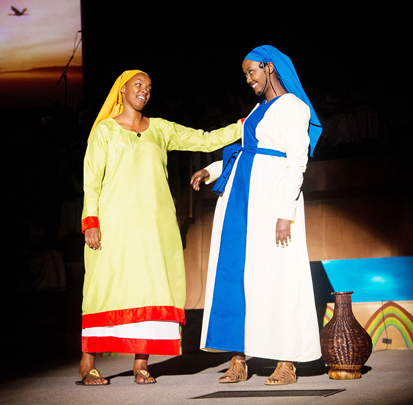 Sisters, Mary (R) and Rachel share a light moment in one of the scenes staged yesterday. (All photos by Faustin Niyigena)