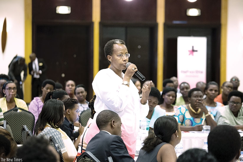 Martine Umubyeyi, chairperson of the African Women Entrepreneurs Programme, speaks during the meeting in Kigali on Wednesday. (Timothy Kisambira.)