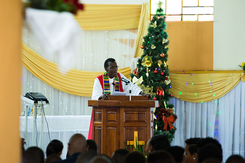 Bishop Louis Muvunyi preaches to the congregation at St. Etienne Cathedral. / Timothy Kisambira