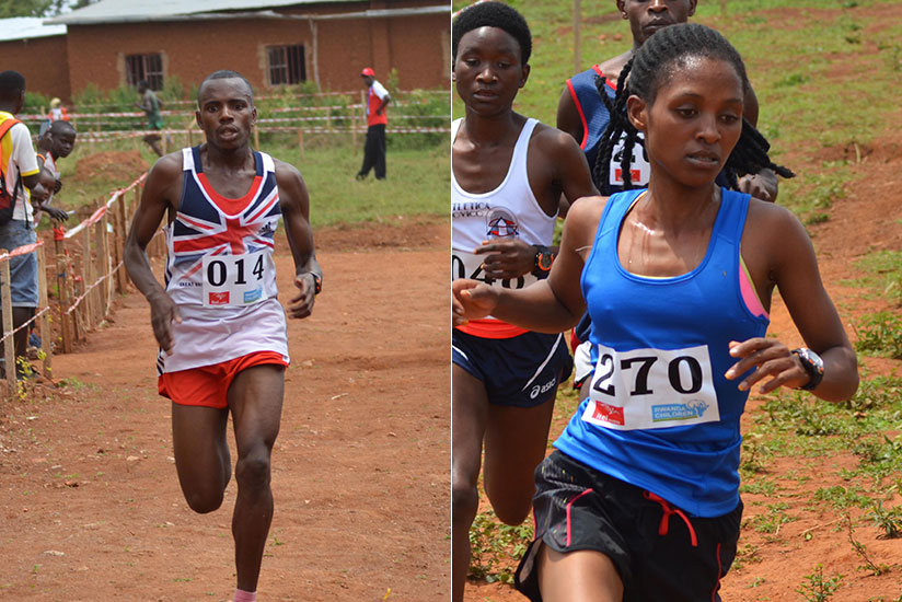 Jean Marie Vianney Myasiro (L) and Salome Nyirarukundo (R) during a past Bugesera cross-country championship. They will represent Rwanda. / Sam Ngendahimana