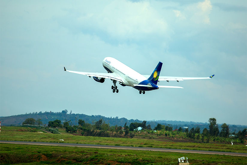 One of the newly-acquired RwandAir planes takes off at Kigali International Airport. / Timothy Kisambira