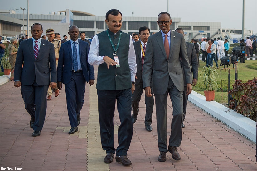 President Paul Kagame with Pradipsinh Jadeja, Gujarat's Minister of State, yesterday / Village Urugwiro