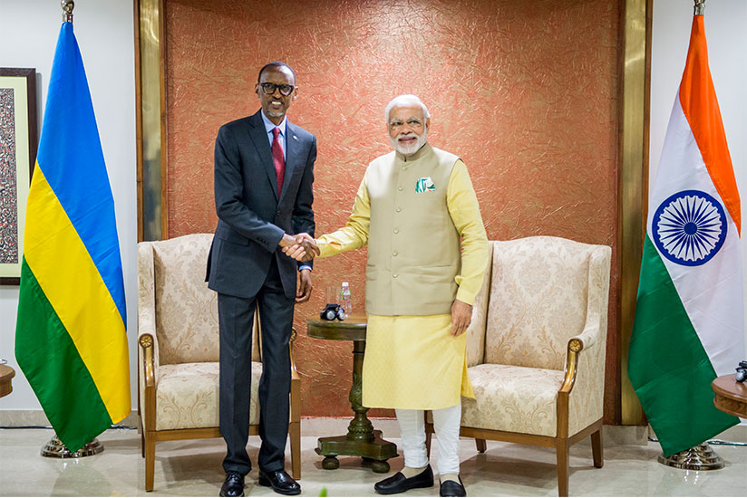 President Kagame with Indian Prime Minister Narendra Modi in India, yesterday. The President, who was speaking at the opening ceremony of the 8th Vibrant Gujarat Summit, a global b....