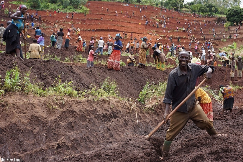 Farmers in Gisagara make terraces as part of efforts to practice modern farming. (File)
