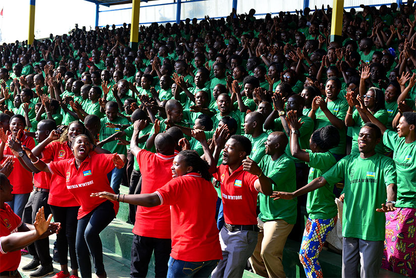 Teachers jubilate during the closure of Itorero in Musanze District yesterday. The Premier Anastase Murekezi pledged continued government support to improve teachersu2019 welfare. (J....