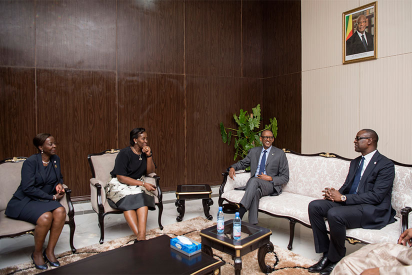 President Kagame, Malian Minister of Foreign Affairs Abdoulaye Diop (R), First Lady Jeannette Kagame (L) and Foreign Affairs Minister Louise Mushikiwabwo in Bamako yesterday. / Vil....