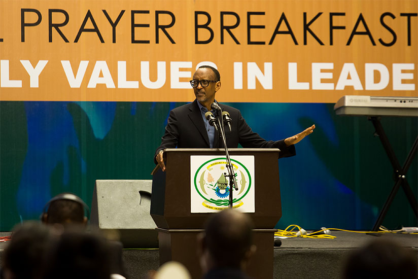 President Kagame addressing leaders during the prayer breakfast at Kigali Convention Centre yesterday. / Village Urugwiro