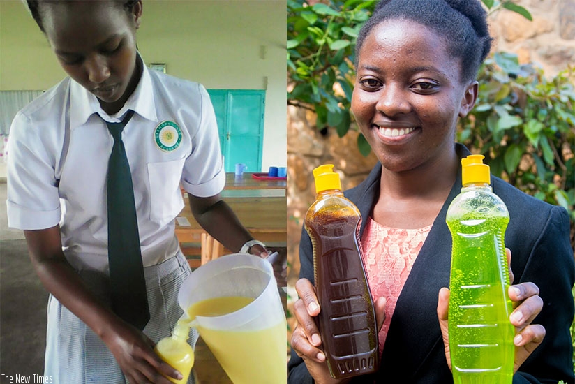Rachael Nikuze (left) packages the soap as Benimana poses with the repellent product. Courtesy.