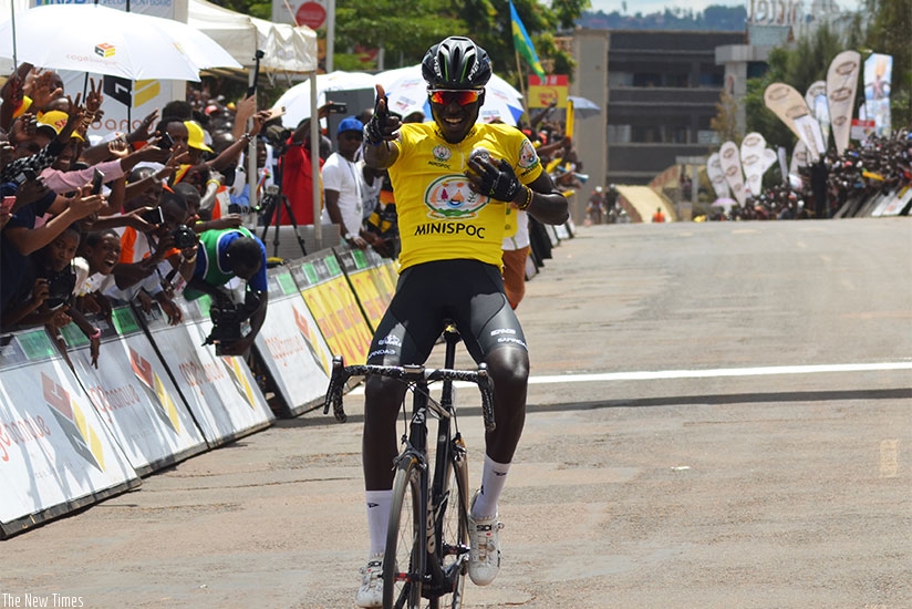The winner  of Tour du Rwanda 2016 Valens Ndayisenga, celebrates his victory. (Sam Ngendahimana)