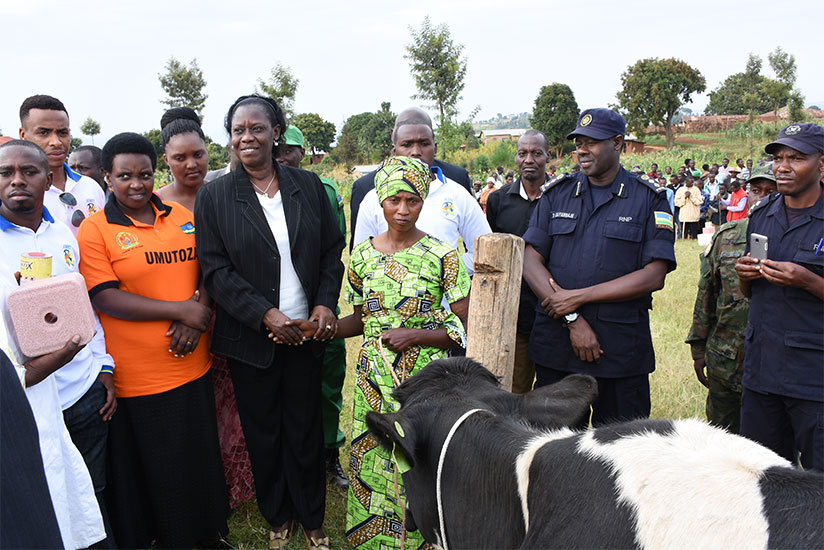 Mukabaramba (2nd left) and district officials distribute 40 cows to Gicumbi residents on Thursday. / Frederic Byumvuhore