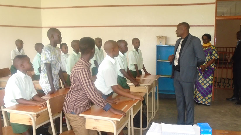 Munyakazi addresses teachers and students of College Saint Andre Nyamirabo, Kigali, on Monday. / Lydia Atieno. 