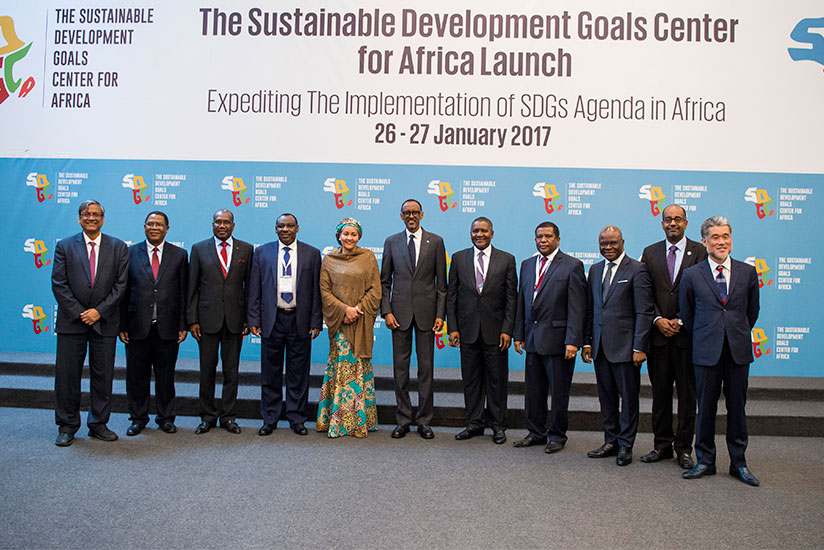 President Kagame in a group photo with other officials at the launch of the Sustainable Development Goals Centre For Africa in Kigali yesterday. The President called on African cou....
