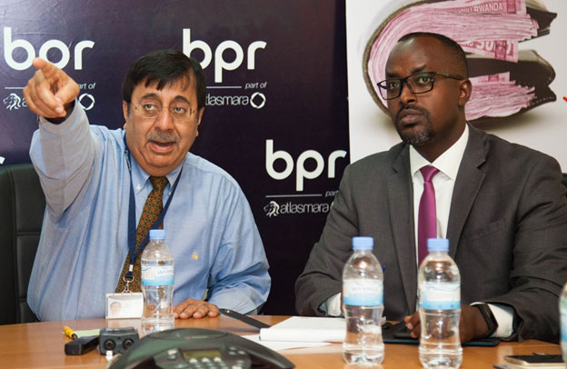 BPR MD Sanjeev Anand and Jean-Claude Gaga, the CEO of Rswitch during a press conference in Kigali on Thursday.