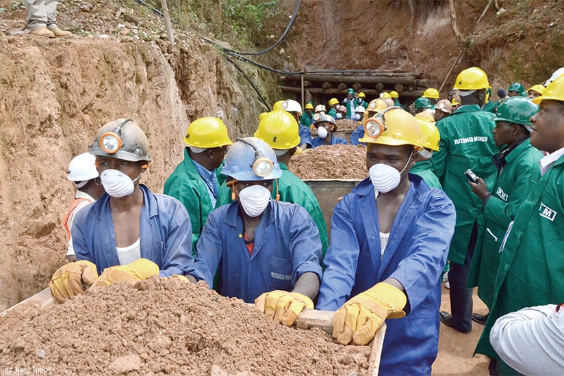 Miners leave a tunnel at Rutongo Mines in Rulindo District. (File)