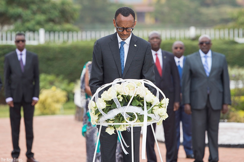 President Kagame pays tribute to fallen heroes at the Heroes Mausoleum in Remera, Kigali, yesterday after laying a wreath in their honour. (Village Urugwiro)