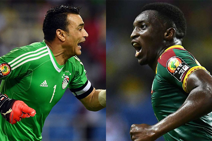 Cameroon captain Benjamin Moukandjo (L) and Egypt's goalkeeper Essam El-Hadary celebrate after his two saves turned the penalty shootout his team's way to the final. / Net photo