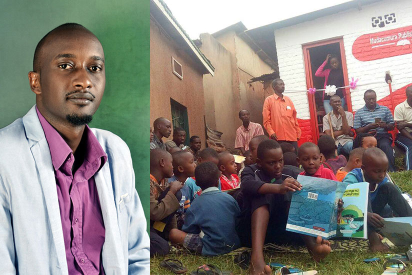 Fiston Mudacumura (L). Children read some of the books on offer. Photos: Moses Opobo